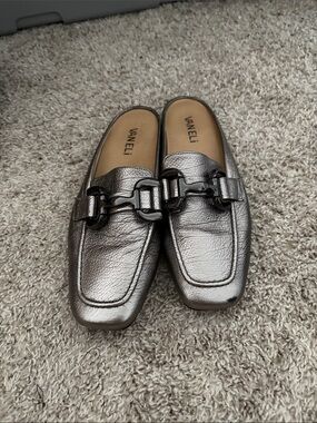 Vaneli Gunmetal Leather Slip-On Loafers with Buckle